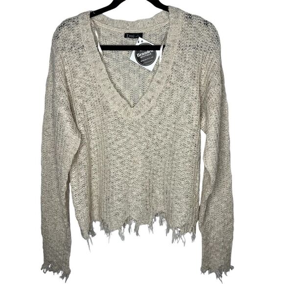 New! Very j Loose Knit V-Neckline Long Sleeve Raw Trim Beige Women Sweater Sz M - Picture 1 of 12